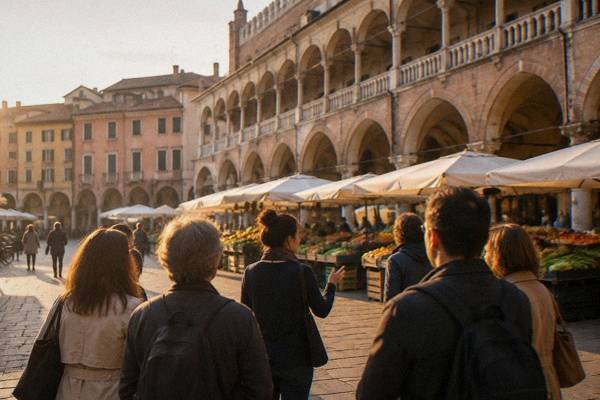 Small group listening to a guide in a Padua piazza