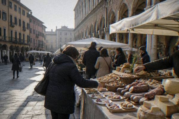 Hands reaching for small plates of bread, cheese and cured meats on a laden counter while a small group talks behind, Piazza della Frutta