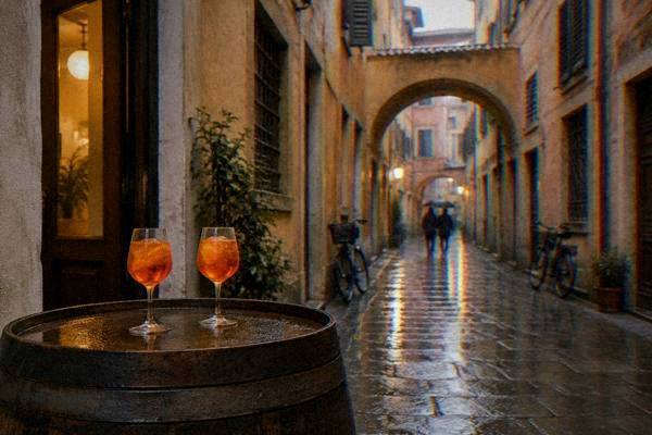 Two glasses of orange spritz on a cafe table in an old square