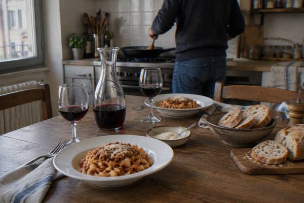 A laid wooden table in a home kitchen with plates of pasta, bread and a carafe of wine, a host stirring a pan behind, Centro Storico