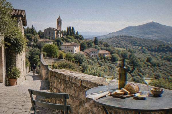 A small table with a bottle of green olive oil, bread and two glasses of white wine on a stone wall above olive terraces and wooded hills, Arqua Petrarca