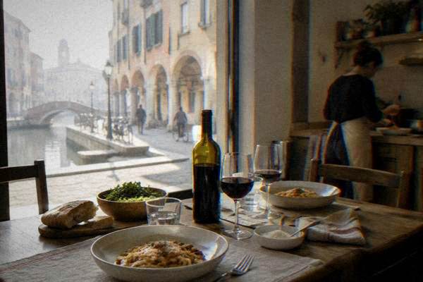 A home dining table set for lunch with bowls of pasta and a bottle of red wine, a cook plating a dish behind, Centro Storico