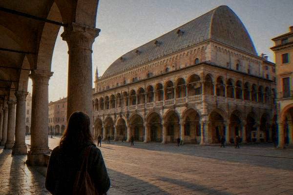 A lone visitor seen from behind pausing under an arcade to look up at a great medieval hall with a ship-hull roof, Palazzo della Ragione