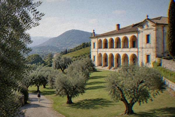 A pale Renaissance villa with an open arched loggia on a green hillside, olive trees and a lawn in front, a visitor small on the path, Villa dei Vescovi