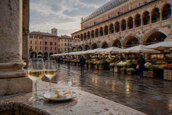 Two glasses of white wine and a small plate of cheese on a stone ledge beside an arcade on a market square in late light, Piazza delle Erbe