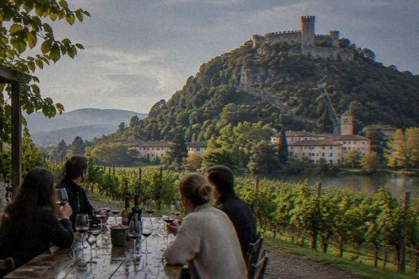 A small group tasting red wine at a long table beside a vineyard with a hilltop castle on a wooded rise behind, Monselice