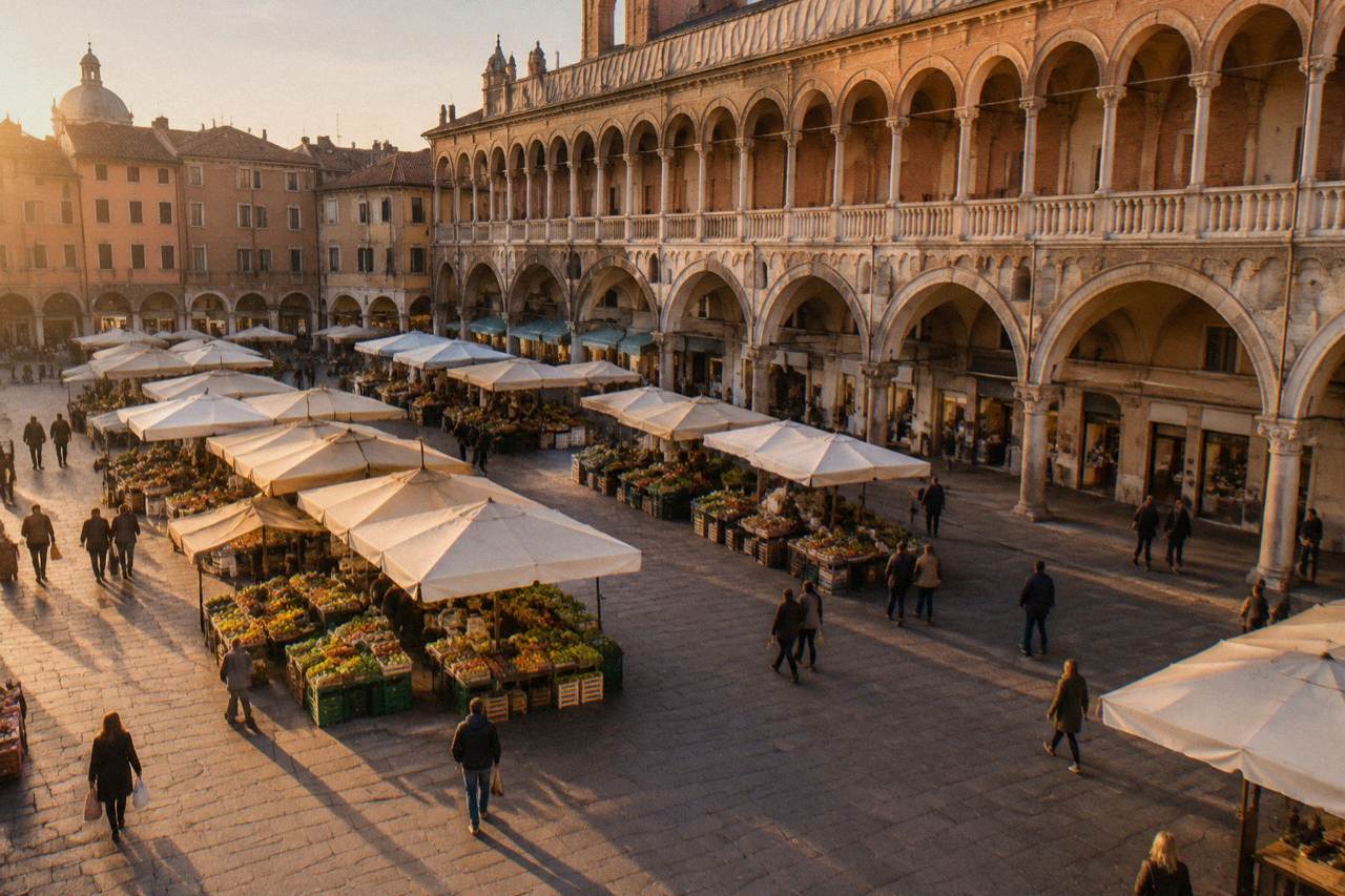Arcaded historic buildings and a market square in Padua under a soft morning sky