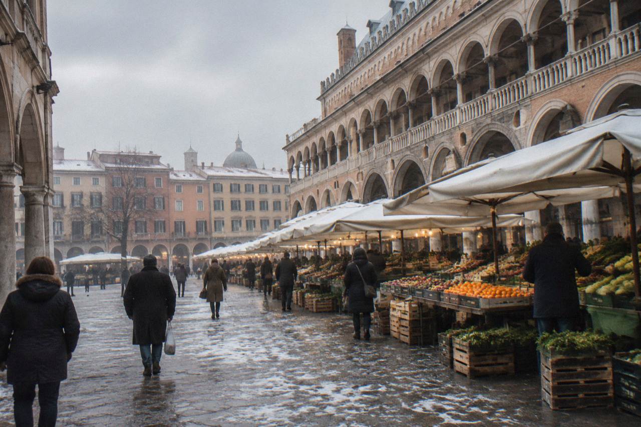 Padua's Piazza delle Erbe with the market squares dusted in light snow under a grey winter sky