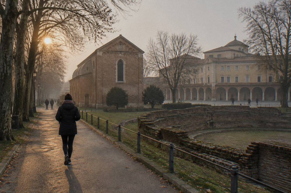 The Scrovegni Chapel and the Eremitani museum complex in Padua seen across a quiet winter piazza