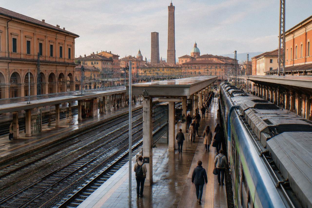 Train platforms at a northern Italian railway station with passengers waiting beside a regional train