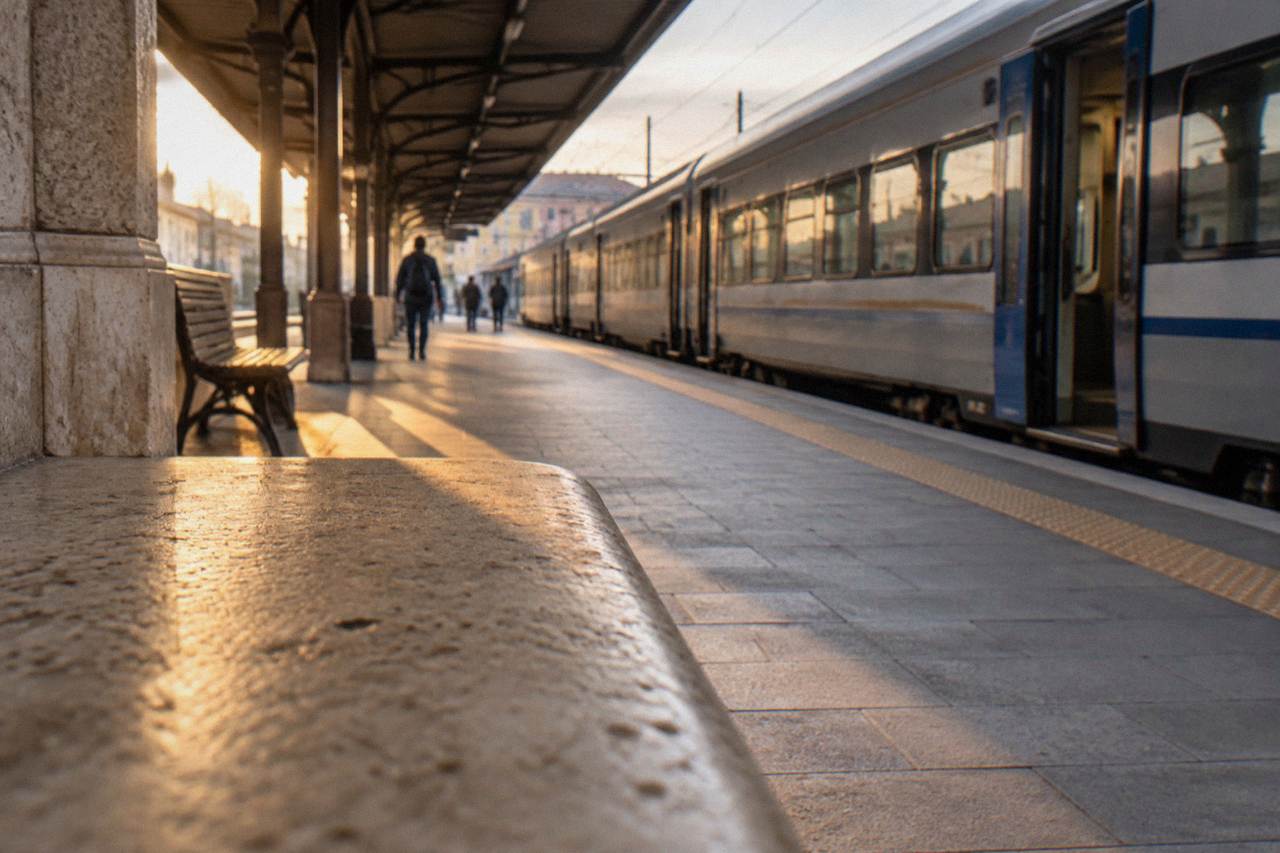 Train platform at Padua station with a waiting regional train