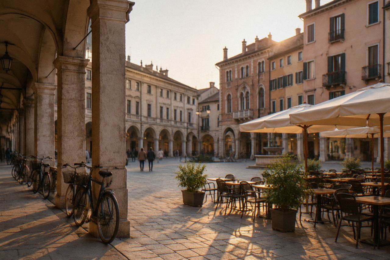 Evening light over an arcaded square in Padua with cafe tables and historic buildings