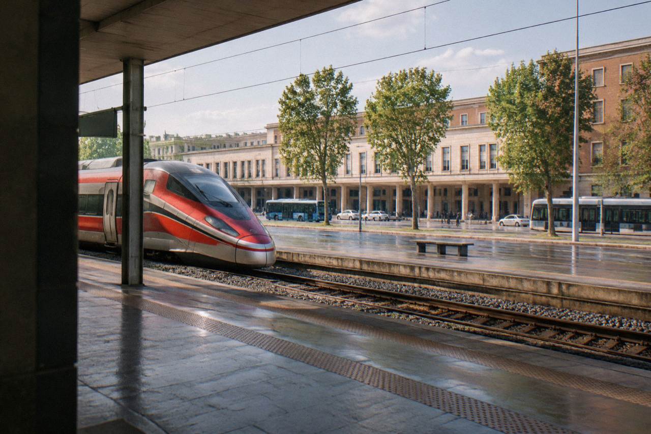 A high-speed train stopped on a platform at an Italian railway station