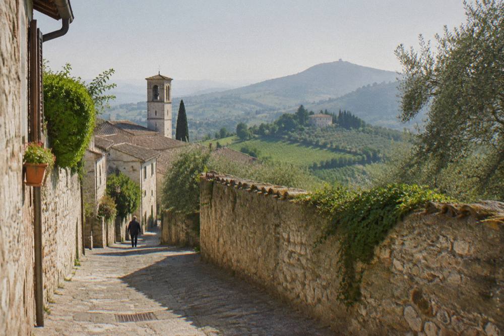 Rolling Euganean hills with vineyards and a villa beneath a hazy sky