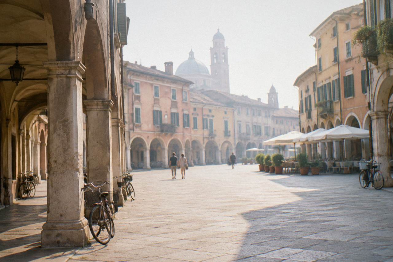 Arcaded medieval buildings around a sunlit square in the old centre of Padua