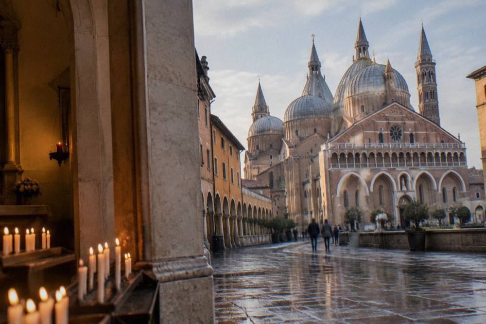 Candles lit by pilgrims beside the marble tomb of Saint Anthony inside the Basilica in Padua