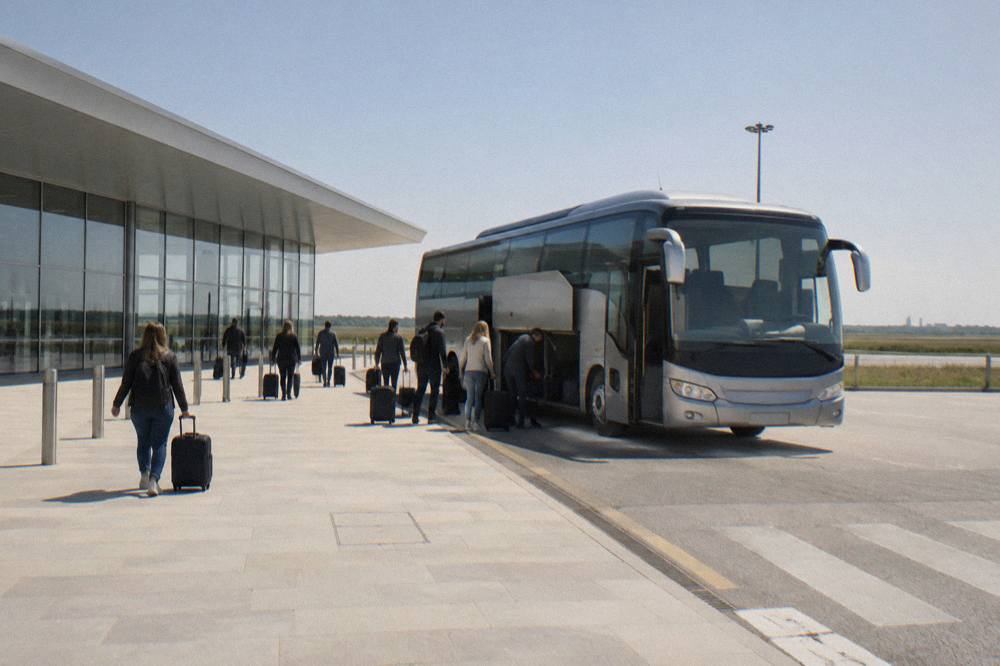 A long-distance coach parked at an airport terminal forecourt with passengers loading luggage