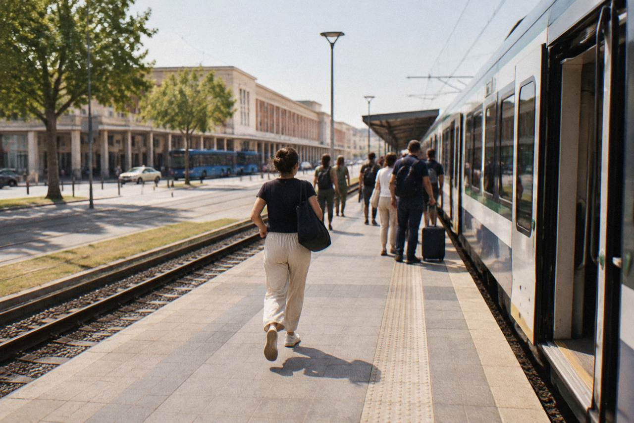 A regional train stopped at a platform in an Italian railway station with passengers waiting to board