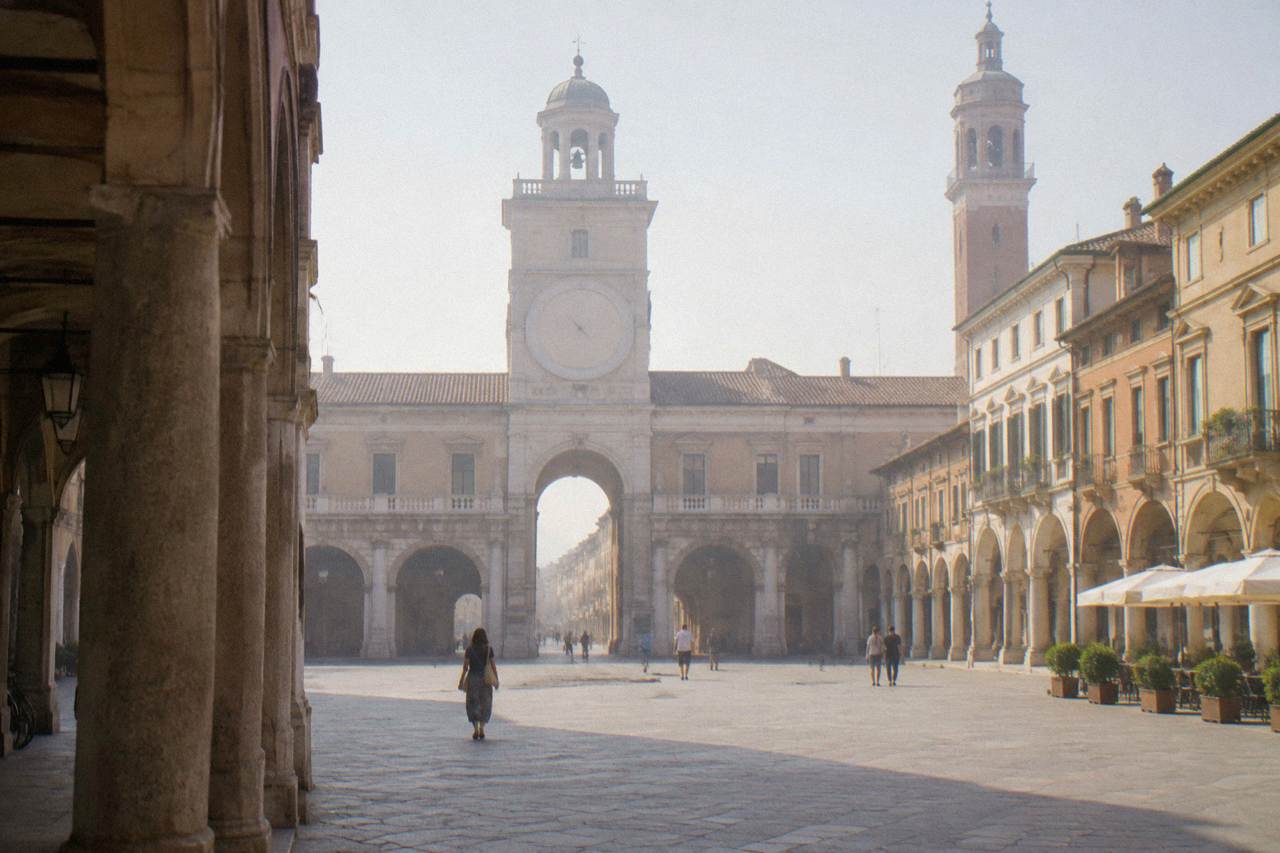 Arcaded stone buildings along a street in Vicenza with a classical clock tower rising above the rooftops