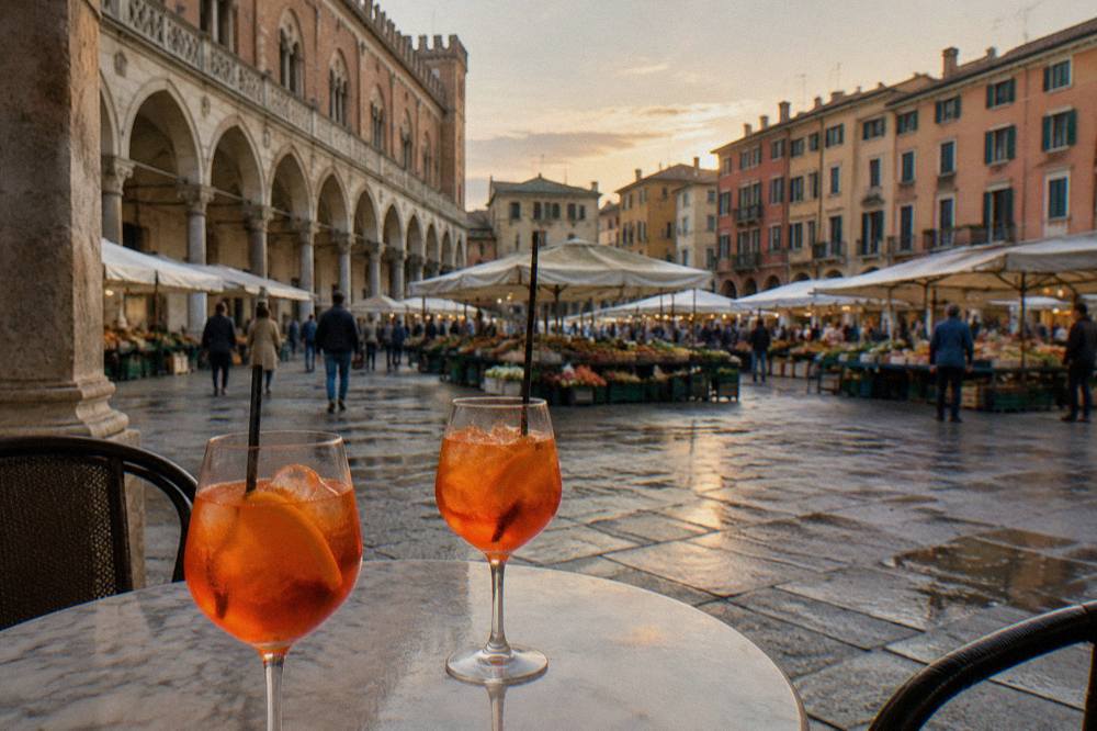 Two spritz cocktails in orange colour served on a marble table in an Italian square at dusk