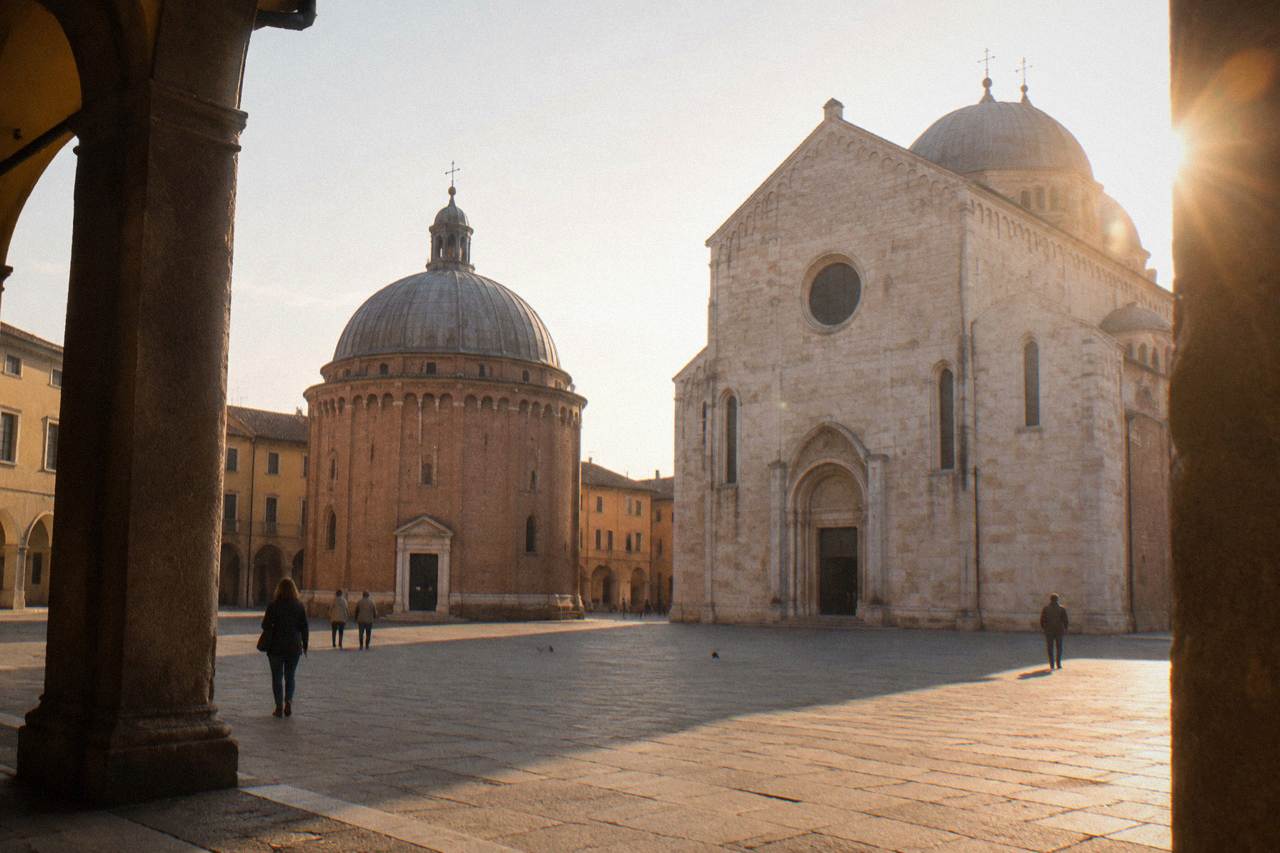 The domed Baptistery of Padua Cathedral seen from the piazza beside the cathedral facade