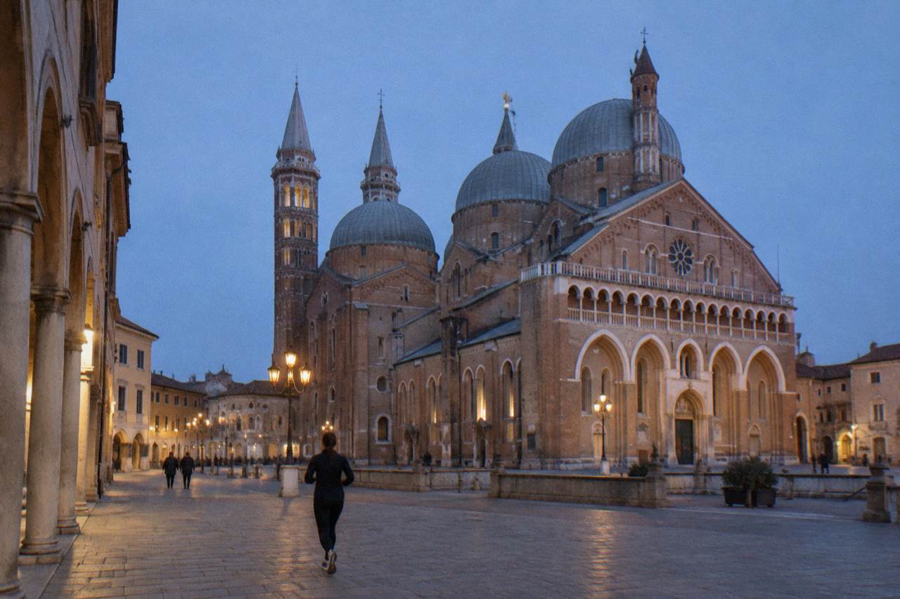The domes and brick facade of the Basilica of Saint Anthony in Padua seen from the square