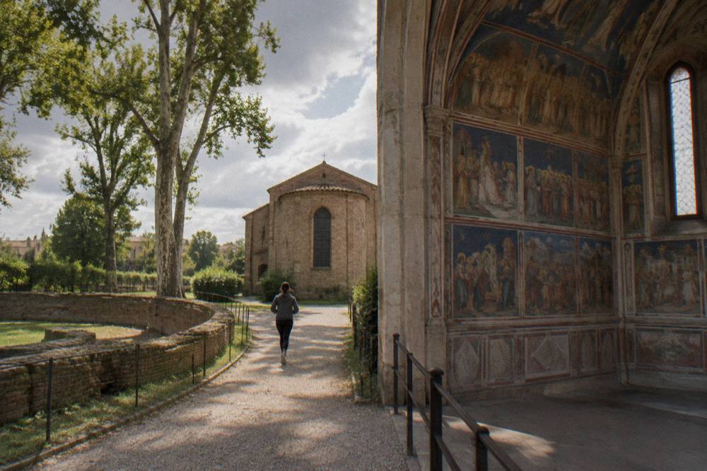 Frescoed interior wall with narrative scenes inside the Scrovegni Chapel in Padua