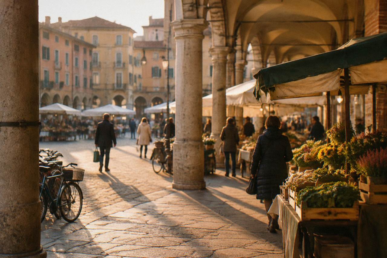 Shoppers and market stalls under the arcades of a Padua square