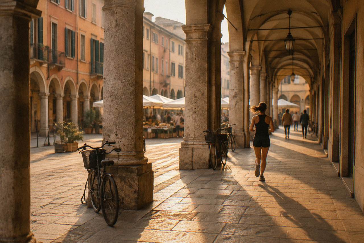 Arcaded street in central Padua with market stalls in the distance