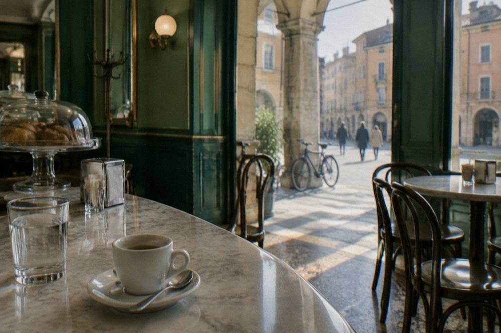 Counter of a historic Italian cafe with marble tables and green interior