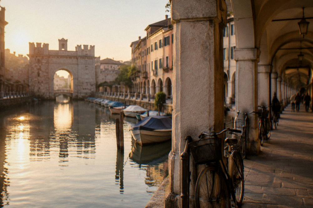 Canal with stone gate and moored boats at the western edge of Padua