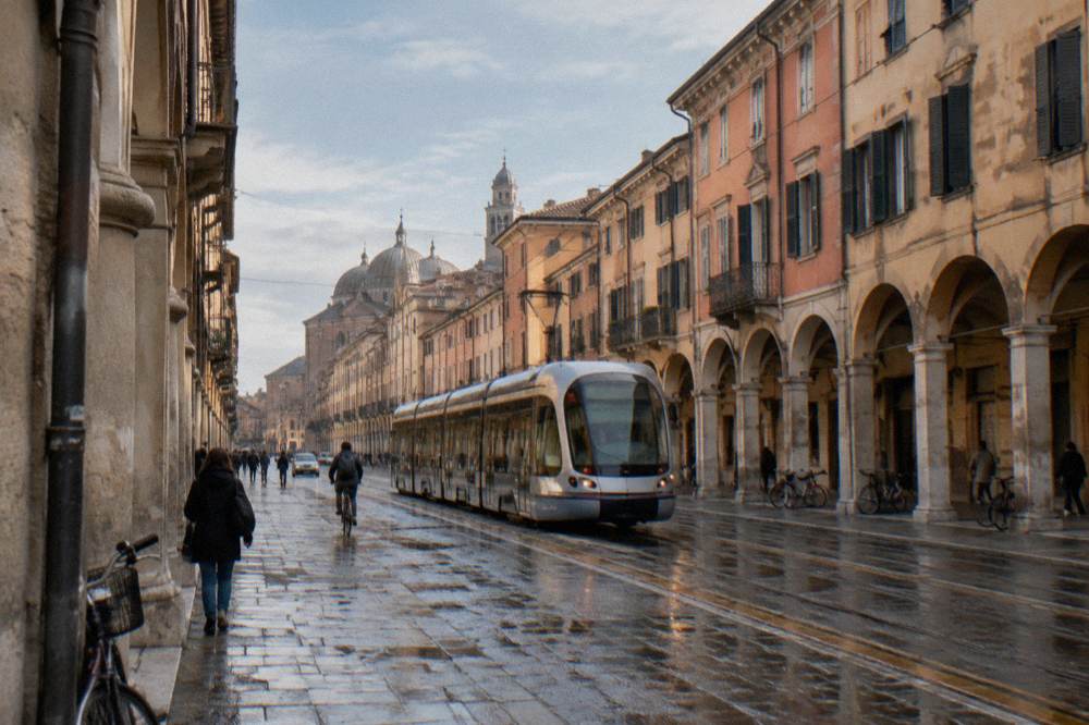 A modern tram passing arched arcades on a Padua street
