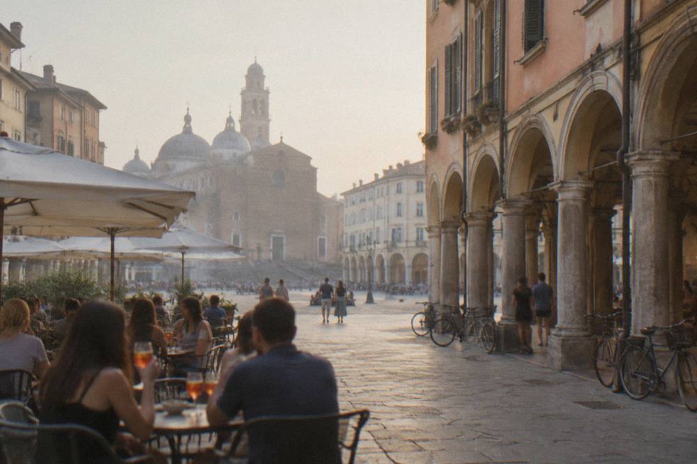 An evening piazza in Padua with people holding aperitivo drinks at outdoor tables