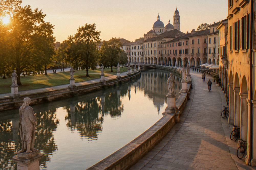 A wide oval square with a canal and rows of statues under trees in Padua
