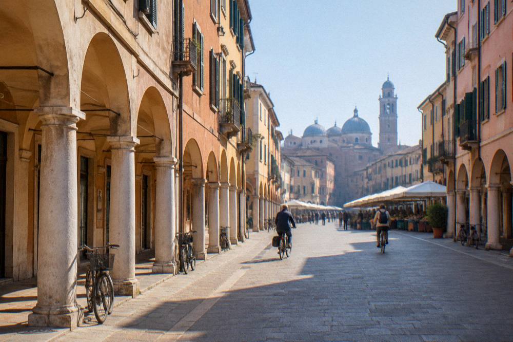 A Padua street of arcades with cyclists and market awnings in the distance