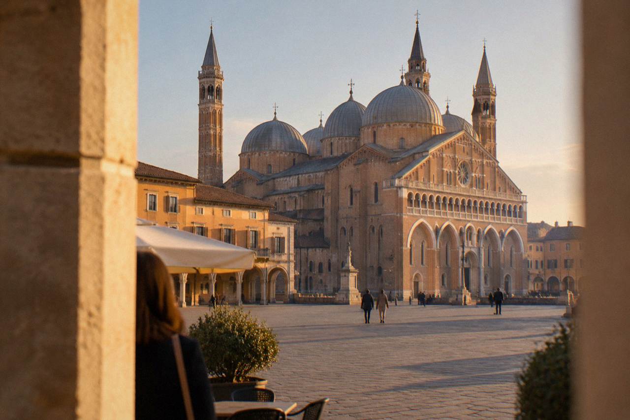 The domed Basilica of Saint Anthony seen across a broad square in Padua
