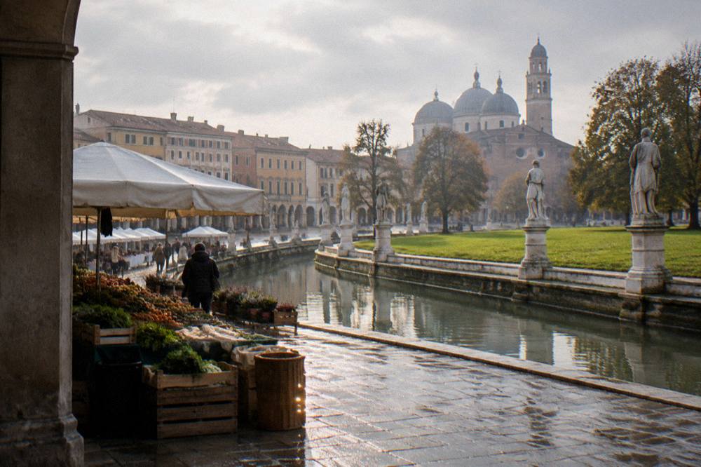 Market stalls set out along the edge of Prato della Valle in Padua on a bright morning