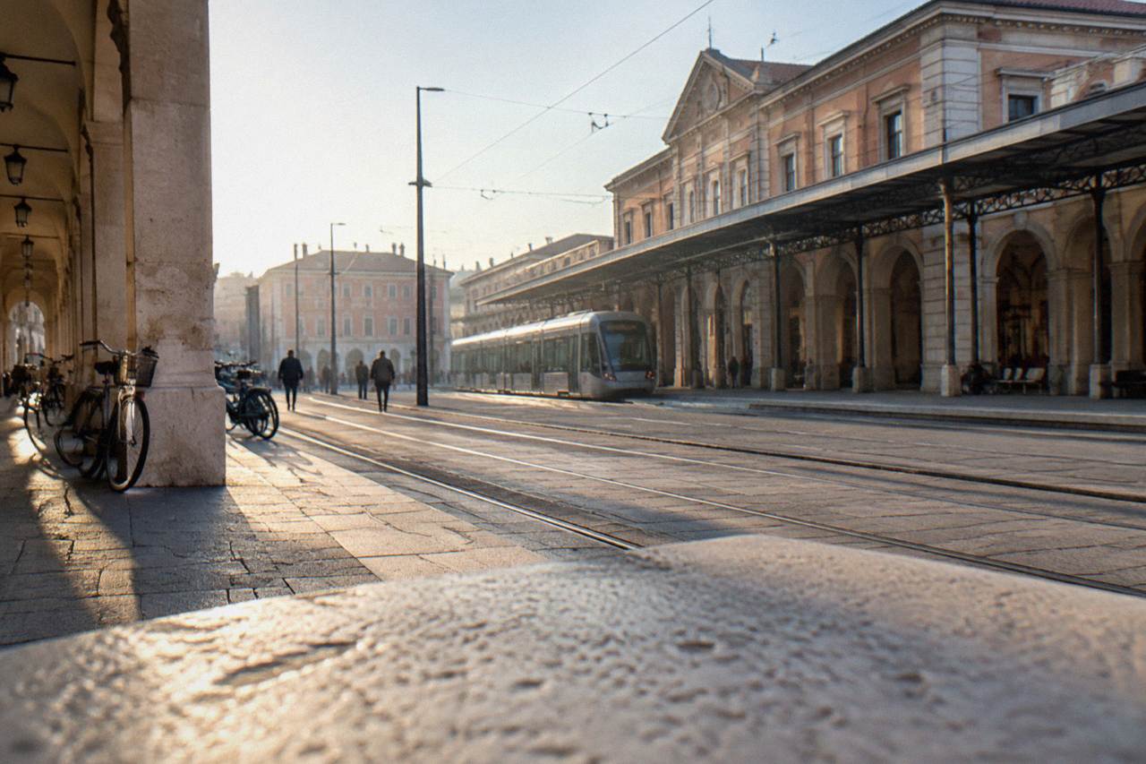The forecourt of Padua railway station with the tram tracks and station building