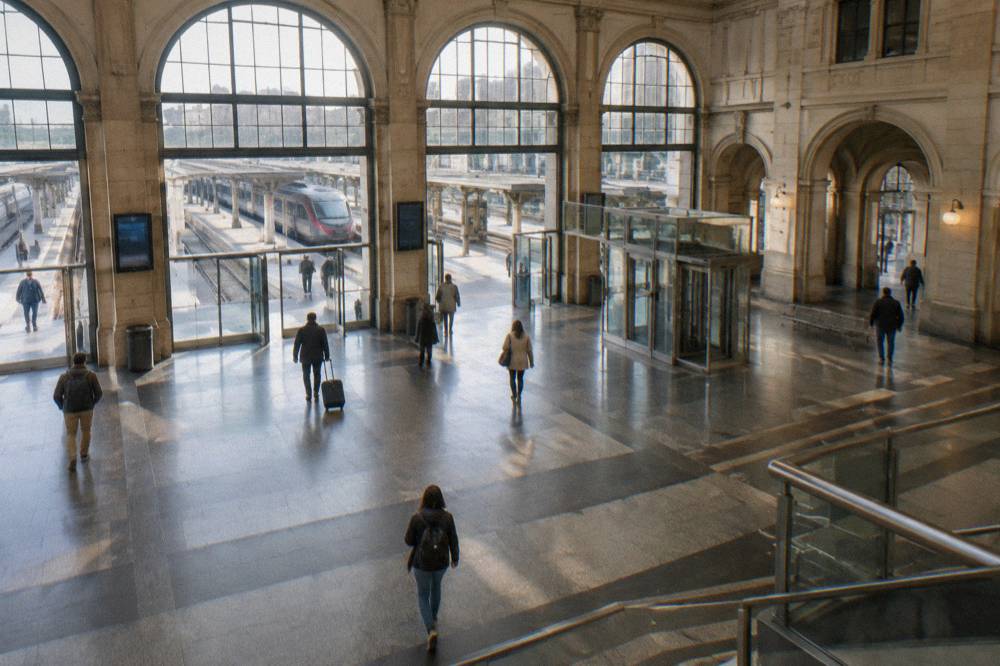The interior of Padua railway station with the departure board and passengers with suitcases