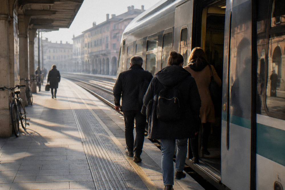 A regional train at a platform in Padua station with passengers boarding