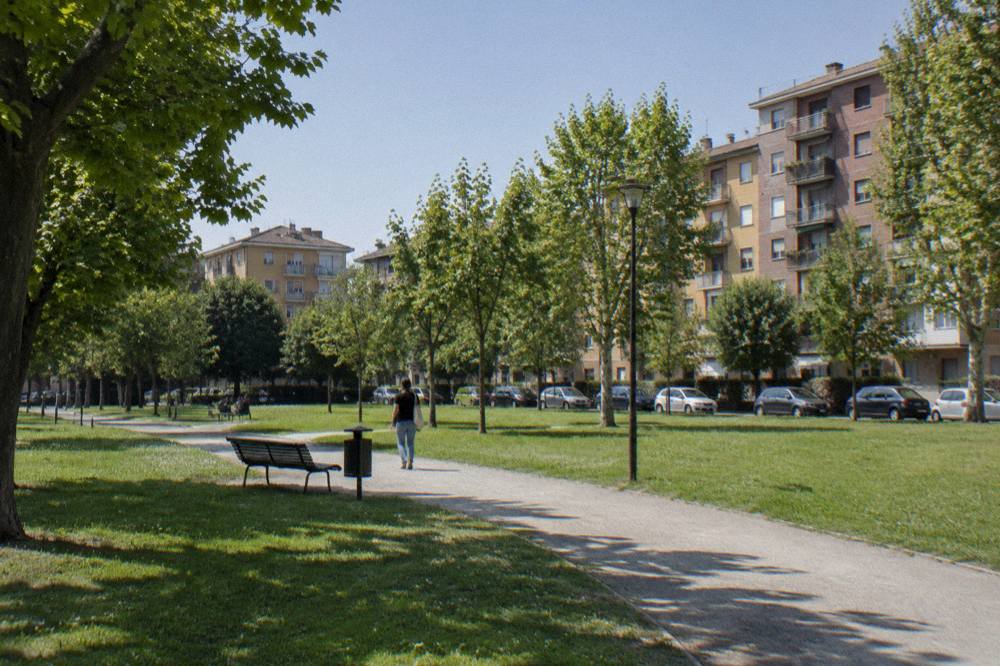 A quiet green park in the Arcella area of Padua with trees and a path