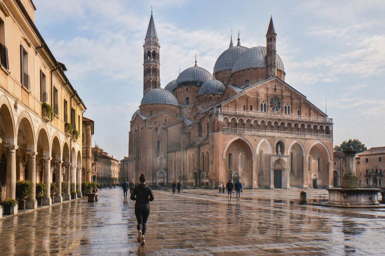 The brick facade and domes of the Basilica of Saint Anthony seen from the square in Padua