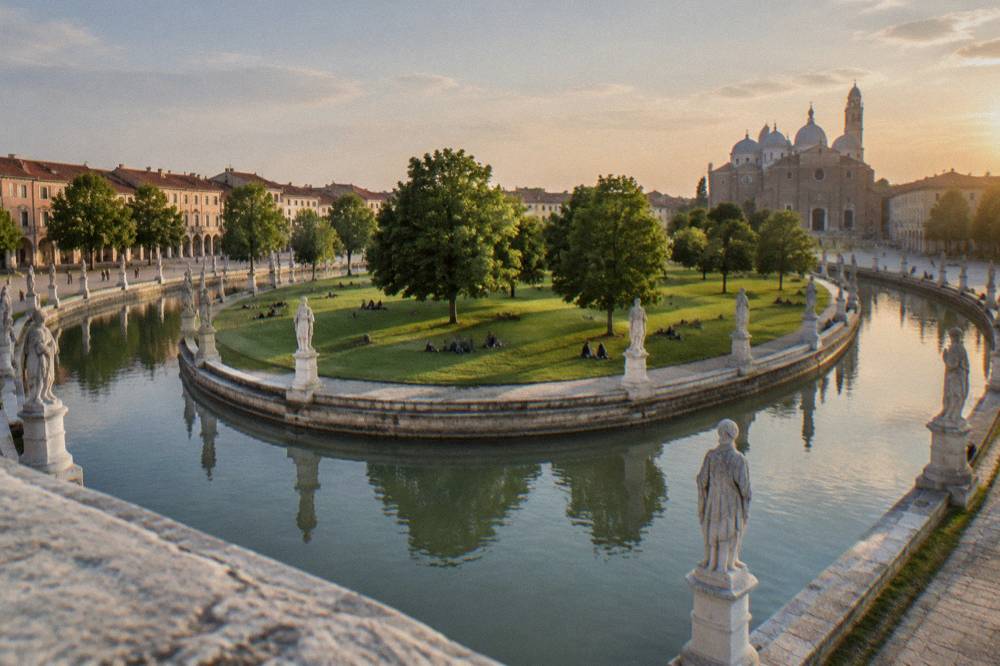 The oval space of Prato della Valle with its canal ring and statues under an evening sky