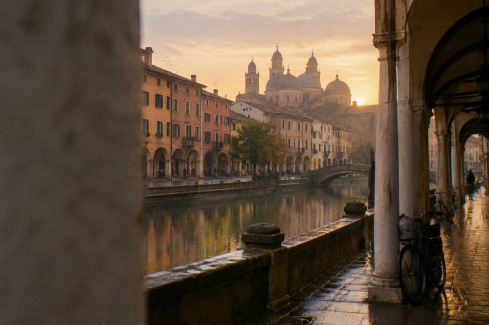 Padua rooftops and domes of the Santo seen from a distance at golden hour