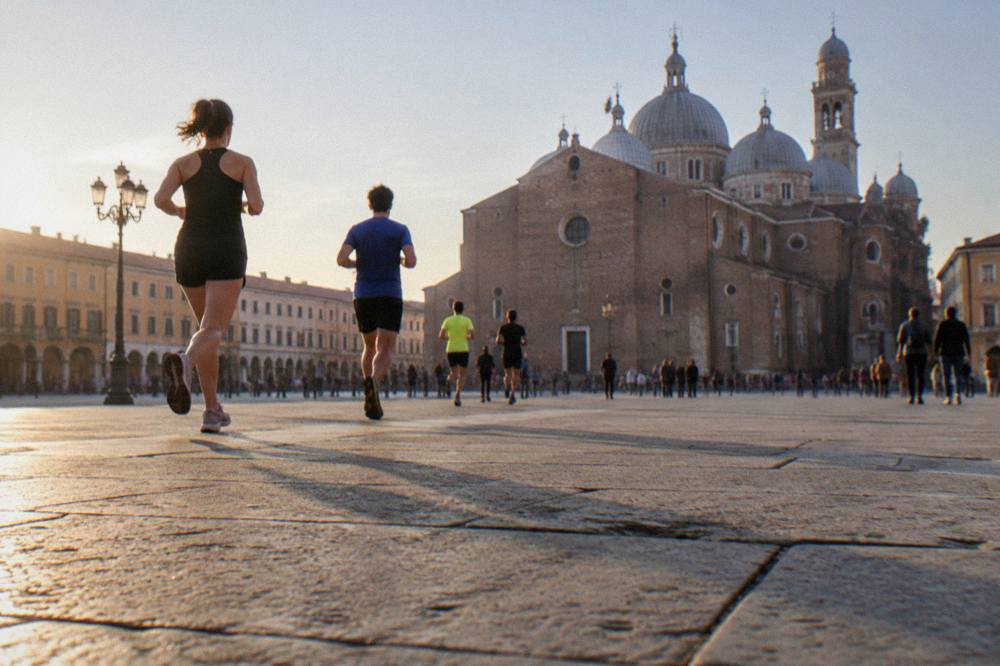 Runners and crowds on a wide city square with a domed church in the background