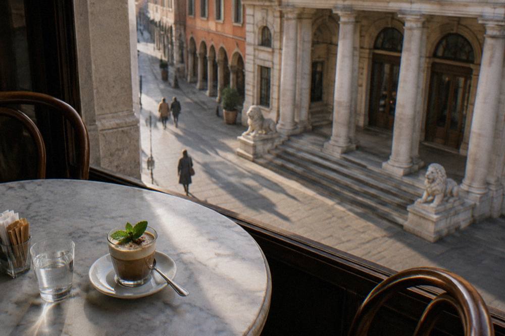 A marble-topped table set with a glass of mint coffee in a historic café room