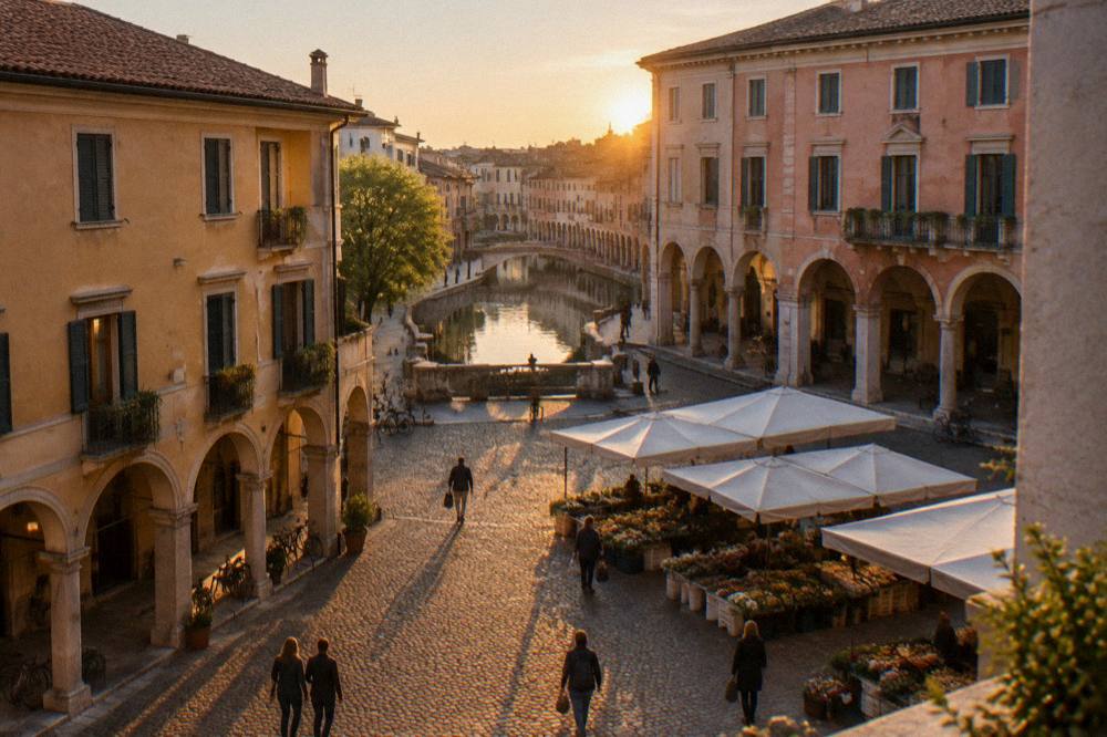 A cobbled square in Padua with arcaded buildings and market umbrellas