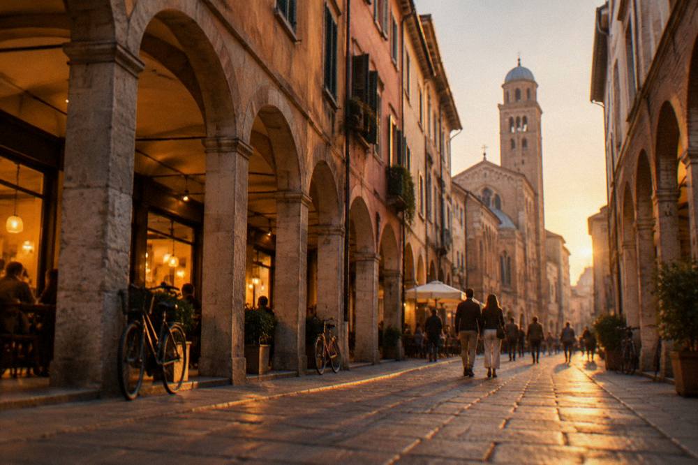 An evening street in Padua with lit cafe windows and people walking under arcades