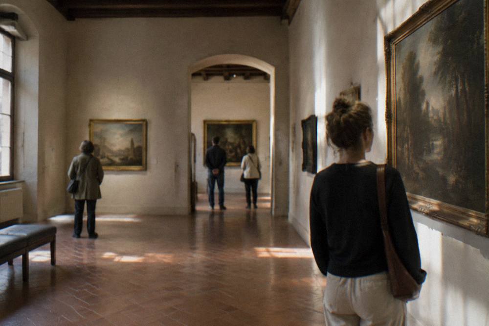 Visitors looking at paintings in the gallery rooms of the Musei Civici Eremitani in Padua