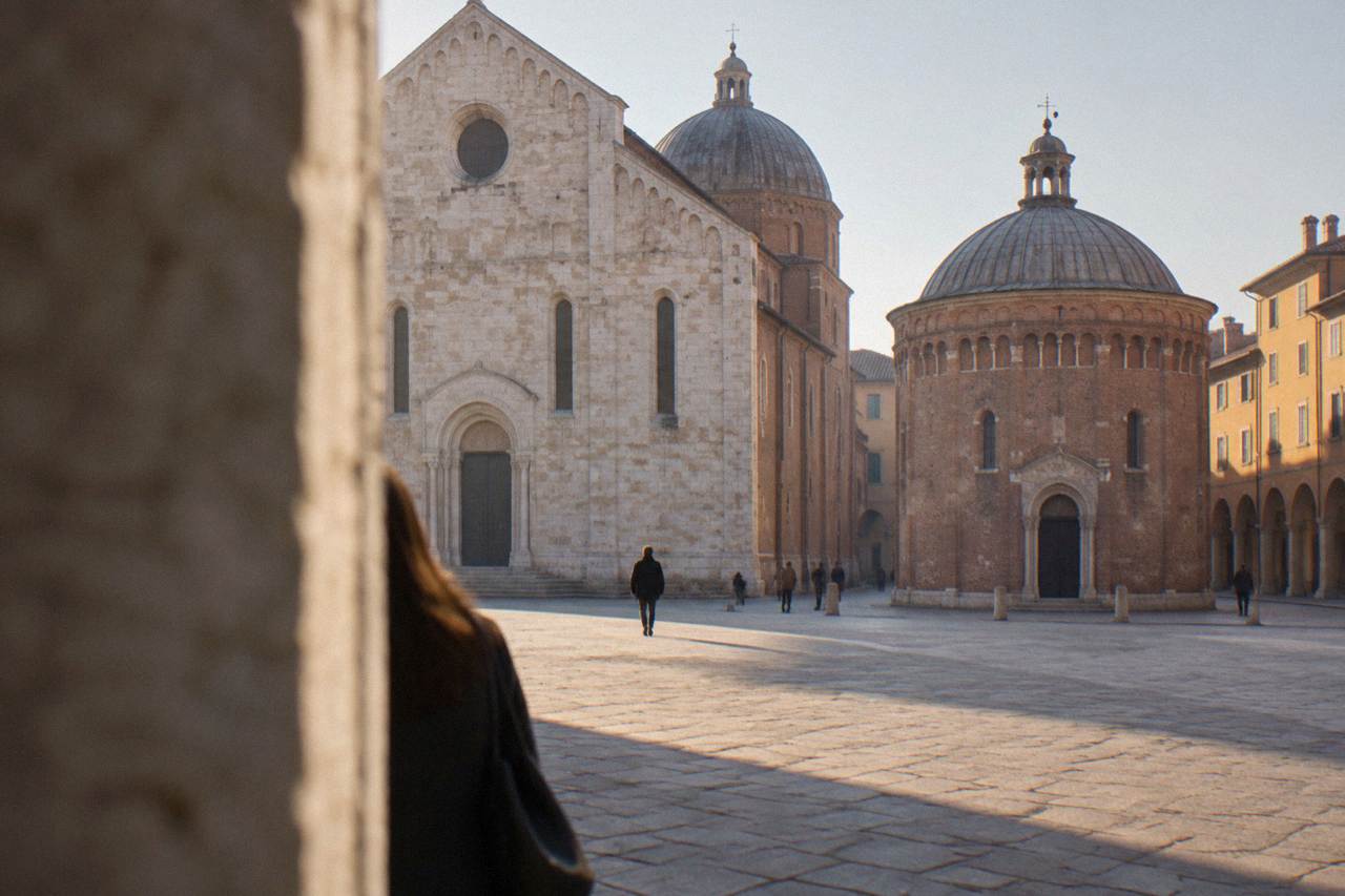 The domed Baptistery of Padua Cathedral seen from the square beside the cathedral facade